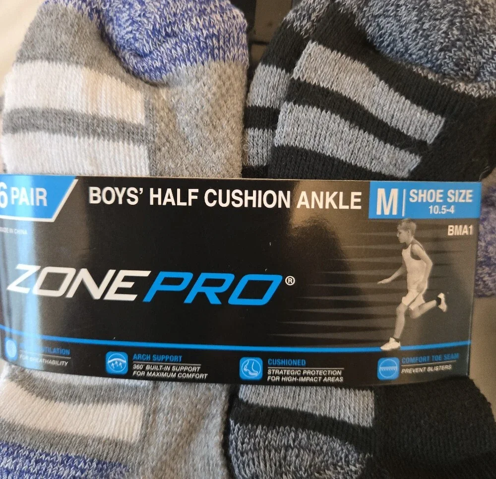 Zone Pro Boys Half‑Cushion Ankle Socks – FIVE 6‑Packs, Size 10.5–4, NWT